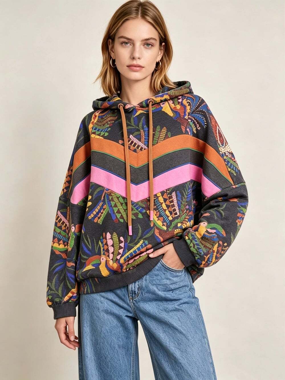 NWOT Farm Rio Multicolor Bird Print Oversized Hoodie Sweatshirt Size S